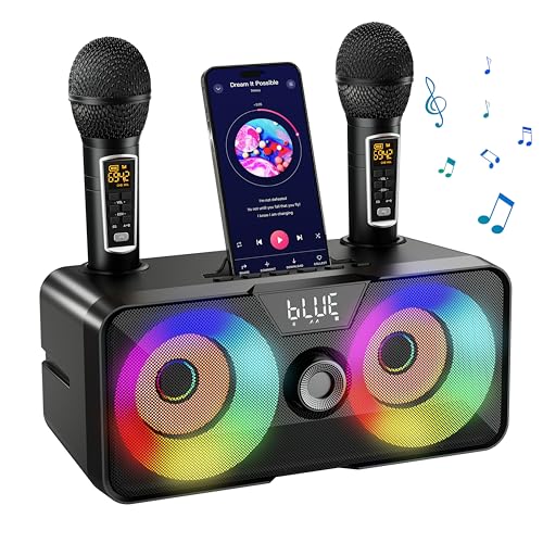 Karaoke Maschine für Erwachsene Kinder mit 2 drahtlose Mikrofone, tragbare Bluetooth Singen PA-Lautsprechersystem mit LED-Leuchten für Home Party, Outdoor/Indoor/Hochzeit,Kirche,Geburtstag Geschenke