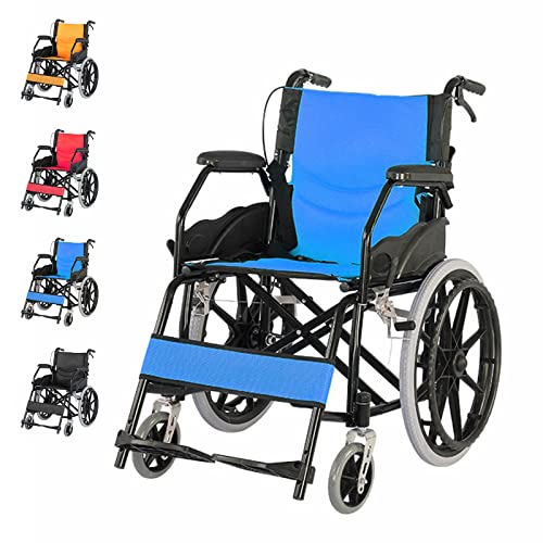 Bueuwe Leicht Faltbar Rollstuhl mit Trommelbremse, Reiserollstuhl für Behinderte, Leichtgewicht Schmal Rollstühle mit Selbstantrieb, Belastbarkeit 150 kg, Sitzbreite 44.5 cm,Blau