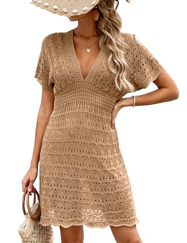 Desol Bikini Cover Up Strandkleid Damen Aushöhlen Häkelkleid Strand Strandtunika Damen Sommer V-Ausschnitt Strandponcho Beachwear Damen Strandurlaub