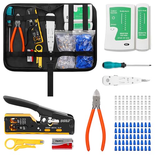 SGILE Netzwerk Werkzeug Set, Pass Through RJ45 Crimpzange für Cat5 Cat6 Cat7 mit 50 x LAN Kabel Stecker, Abisolierzange, Netzwerktester, RJ45/RJ11/RJ12 Netzwerk Reparatur Kit