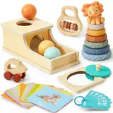 Atoylink Montessori Babyspielzeug ab 6 Monate Sensorik Spielzeug mit Objektpermanenz Box & Stapelbecher Baby & Rassel Baby & Kontrastkarten Motorikspielzeug Holzspielzeug Geschenk Baby 1 Jahre