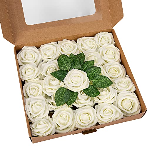 LinTimes Künstliche Rosen Blumen, 25 Stück Kunstblumen Rosenköpfe und Blatt für DIY Hochzeit Blumensträuße/Zuhause Dekorationen - Milchig weiß