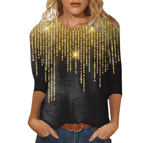 Glitzer Outfit Damen, Sexy Oberteil Damen, 3/4 Ärmel Blusen Glänzender Druck Silvester Oberteile Elegantes Glitzershirt Modische Shirts Vintage Silvester Outfit Silvester Geschenke