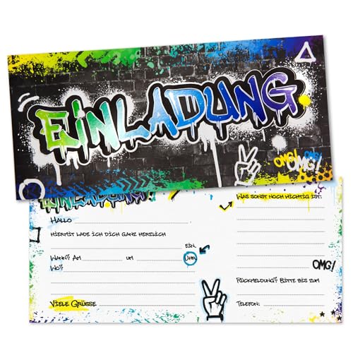younikat 15 Graffiti Einladungskarten mit effektvollem Hochglanz-Lack I 21 x 9,8 cm I Einladung Set Geburtstag zum Ausfüllen I dv1376
