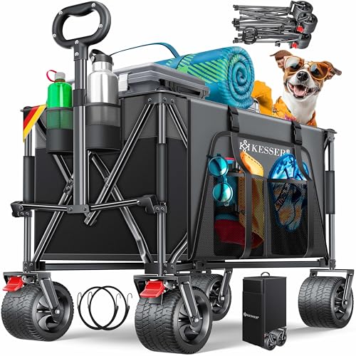KESSER® Bollerwagen GTR9000 Handwagen 200Kg | 200L Stauraum Transportwagen faltbar extra breite 360° Räder & Feststell-Bremsen Wetterbeständig Strandwagen inkl Abdeckung, Seitentasche & Getränkehalter