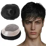 Lordhair Toupet für Männer Haarersatz Systeme Mann, natürliche atmungsaktive Mono-Spitze mit PU-Echthaarperücken für Männer Schwarz Basisgröße (Off Schwarz 1B#,100% Dichte)