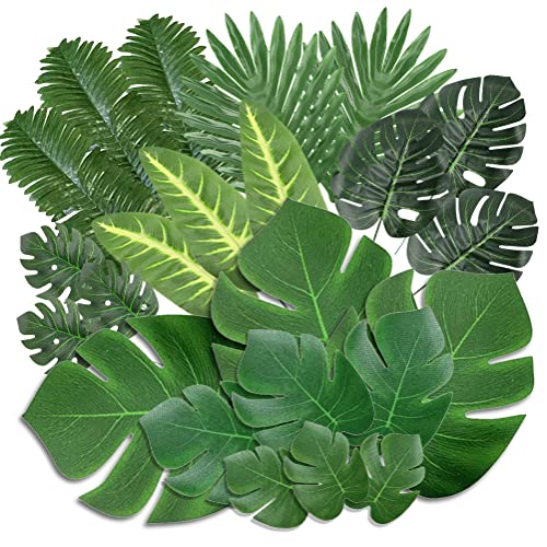 100 Stück Palmenblätter Kit 8 Arten Künstliche Palmblätter mit Stielen Tropische Pflanze Palm Blätter& Monsterablätter deko Blätter Grün für Dschungel Safari Beach Hawaiian Wedding Theme Party Deko