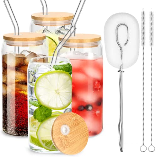 Longdrinkgläser Cocktailgläser mit Deckel und Strohhalm, Trinkgläser in Dosenform 473ml/16oz, Beer can Glas dosenform, Glasbecher Trinkglas für Iced Coffee, Bier, Smoothies, Cocktail, Soda (4pcs)