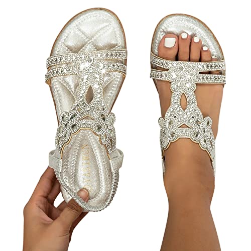 Schuhe Damen Sommer, Glitzer Sandalen Damen Sommer Boho Strandschuhe Strass Flach Schuhe Weichen Sohlen Sommerschuhe Elegant Flip Flops Sportsandalen Outdoor Wassersandalen, 39 EU
