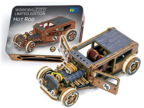 Wooden.City Oldtimer Hot Rod Limited Edition – 3D-Holzmodellbausätze für Erwachsene zum Autobauen – Retro-3D-Holzpuzzle für Erwachsene, Denksportaufgabe für Jugendliche – 142 Teile