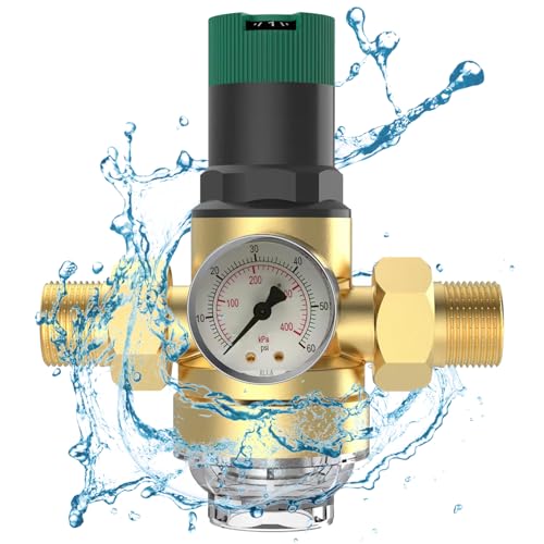 1 Zoll Druckminderer Wasser, DN25 Wasserdruckminderer mit Manometer und Siebfilter, Messing Überdruckventil Wasser, Geeignet für Häuser, Gebäude, Fabriken (255 × 155 mm) (Gelb)