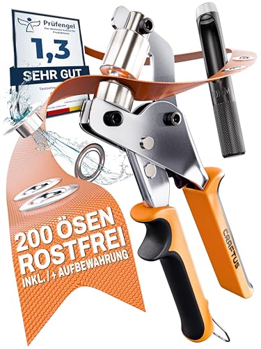 CRAFTUS® Profi Ösenzange Set mit 200 rostfreien Ösen (Ø 10mm) I Magnetische Ösenpresse aus gehärtetem Stahl für Stoffe & Planen I Ösenstanze für Planenösen & Metallösen