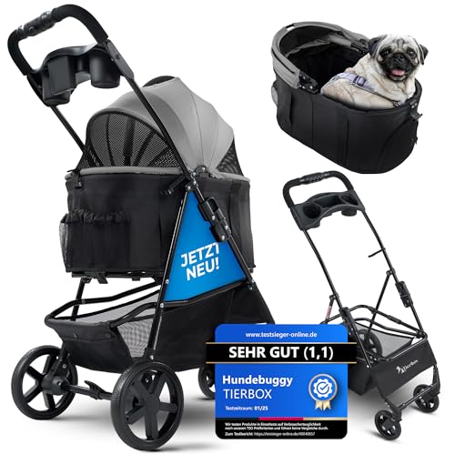Tierbox Hundebuggy Hundewagen klappbar mit QuikFold, einfacher Transport, Traglast bis 15 kg - Grau