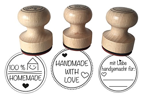 ewtshop® Stempel 3er Set Mit Liebe handgemacht, 100% Homemade und Handmade with Love, 3 cm Durchmesser, Holzstempel