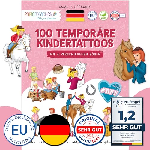 Papierdrachen 100 Tattoos für Kinder - Hautfreundliche Kindertattoos Bibi & Tina - kindgerechte Designs - als Mitgebsel oder Geschenkidee - 100% vegan & dermatologisch geprüft