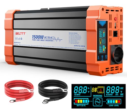 Wechselrichter Spannungswandler 12V auf 230V Reiner Sinus Wechselrichter 1500W Inverter mit EU Steckdosen,USB Ausgang und LCD-Anzeige Spitzenleistung 3000W für Kfz LKW Camping Notfall Haushaltsgeräten