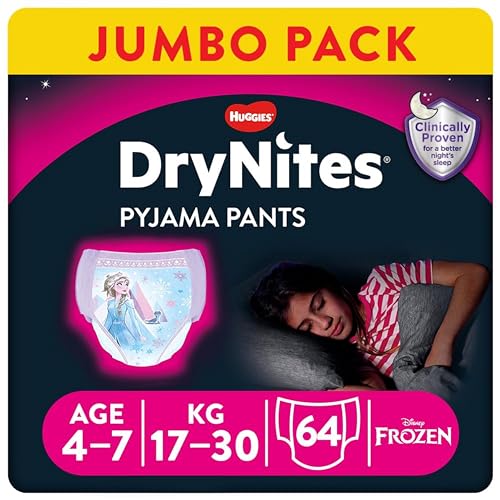 Huggies DryNites hochabsorbierende Nachtwindeln bei Bettnässen, für Mädchen 4-7 Jahre, 4 x 16 Windel-Pants (64 Stück), Monatspack