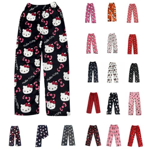 Chnnamzu Pyjama Hose Damen Pyjamahose Lang Flanell Schlafanzug Hosen Schlafanzughose Kitty Anime Cartoon Kawaii Kuschelig Weich Bequeme Warme Flauschig Casual Home Lounge Schlafhose Herbst Winter