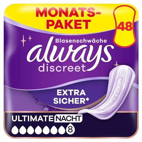 Always Discreet Inkontinenzeinlagen Plus Ultimate Nacht, 48 Binden (4 x 12 Stück) für Damen, starker Schutz, den Sie kaum spüren