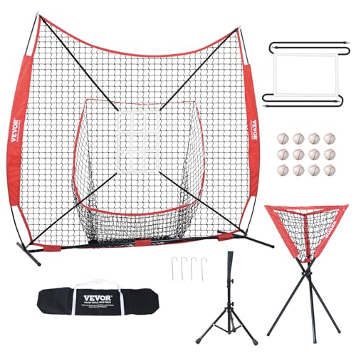 VEVOR 244 x 106 x 211 cm Baseball-Softball-Übungsnetz, Tragbares Baseball-Trainingsnetz zum Schlagen, Fangen, Pitchen, Backstop-Ausrüstung mit Bogenrahmen, Tragetasche, Schlagzone, Bällen, Ballsammler