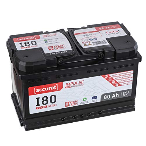 Accurat Impuls I80 AGM Autobatterie - 12V, 80Ah, 800A, zyklenfest, wartungsfrei, 30% mehr Startleistung, Ca-Technologie - Starterbatterie, Blei-Säure Batterie, Akku für Start-Stop & Hybrid Fahrzeuge