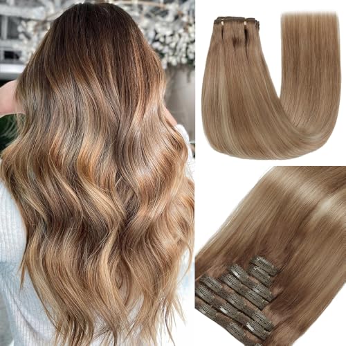 GUDOZO Clip in Extensions Echthaar 7pcs 35cm 80g Hellbraun Mit Goldblond Invisible Haarverlängerung Skin Weft (14 Zoll, 10/10/22#)
