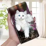 Nadoli Handyhülle für Samsung Galaxy S22 Ultra,Bunt Bemalt [Weiß Katze] Lanyard PU Leder Standfunktion Magnetverschluss Brieftasche Hülle Schutzhülle Etui