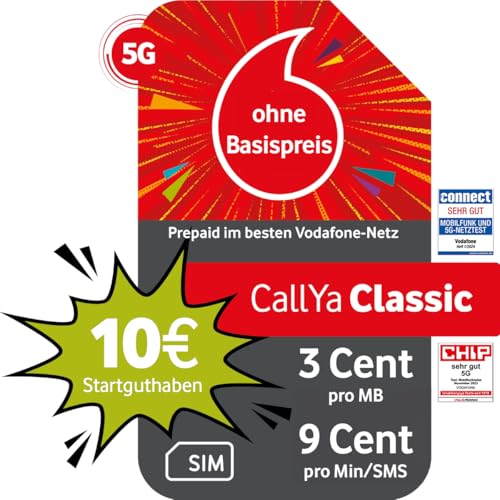 Vodafone Prepaid CallYa Classic | 10 EUR Startguthaben I ohne Vertrag | 5G-Netz | 9 Ct. pro Min/SMS