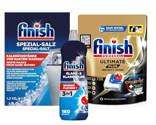 Finish Ultimate Plus Infinity Shine Spülmaschinentabs, 73 Caps für makellosen Glanz + 1,2 kg Spezial-Salz + 800 ml Glanz & Klarspüler
