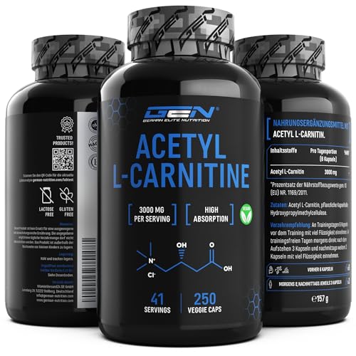 Acetyl L-Carnitin 3000 mit 250 Kapseln - 3000 mg pro Tagesportion - Premium: L-Carnitine als Acetyl Form - Hochdosiert - Laborgeprüfte Qualität - Vegan