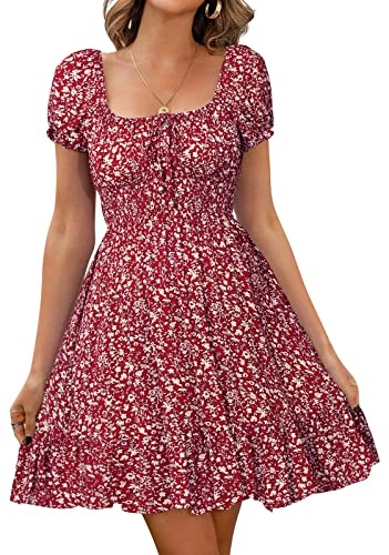 Livonmone Damen Kleid Lässig Sommerkleid Blumendruck Hohe Taille Kleider Puff Ärmel Retro Sexy Casual Tunika Beach Minikleid (Burgund, L)