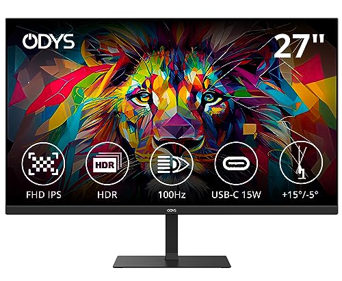 ODYS i27 Monitor - 27-Zoll-Bildschirm im rahmenlosen Design, Full HD, 100 Hz, mit HDR, IPS Panel, FreeSync, HDMI, USB-C, 3,5mm Audio