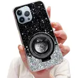 Tivenfezk Nadoli Sparkle Treibsand Ständer Hülle für iPhone 14 Pro,Versteckt Ständer Ring Klar Glitzer Stern Handyhülle Durchsichtig Bling Schutzhülle Case Cover,Schwarz