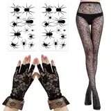 4 Stück Halloween Kostüm Spinne Damen, Halloween Netzstrumpfhose Schwarz, Schwarz Spinnen Strumpfhose Damen, Spitze Fingerlose Handschuhe, 2 Blätter Halloween Tattoos Spinne, Tag der Toten, Karneval