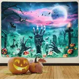 Alishomtll Halloween Wandteppich, Horror Halloween Wandtuch, Halloween Party Mysteriöser Wanddekor mit Kürbis Schädel Friedhof Fledermaus Zombie für Schlafzimmer, 210 x 150cm