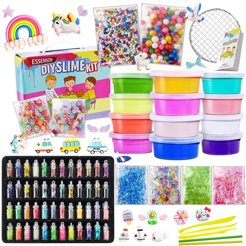 DIY Slime Kit Schleim Selber Machen mit 12 Farben Crystal Slime, Glitter, Charms, Fruit Slices, Kunsthandwerk für Kinder 6-12 Jahren mädchen Geschenk