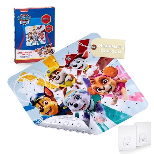 PAW Patrol rutschfeste Duschmatte für Kinder - Anti Schimmel Duscheinlage Fans, antibakteriell, mit Saugnäpfen, Aufhängern und Ablauflöchern, 53x53cm
