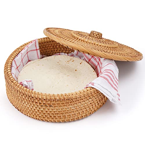 Tortillada - 26 cm Tortilla Wärmer/Tortilla Wärmer Korb Handgemacht aus Rattan inkl. Geschirrtuch aus Baumwolle