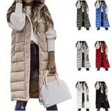 Lang Jacke Weste Damen Locker Longweste Leichte Ärmellose Steppweste Winter Daunenweste mit Kapuze Elegant Einfarbig Winterweste Fleece Weste Warm Übergangsjacke Kapuzenweste Outdoor Pufferjacke