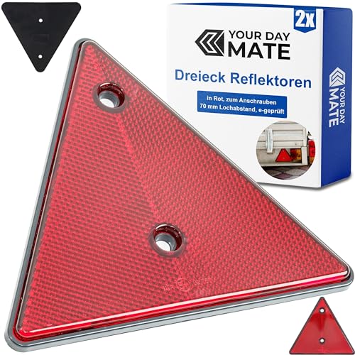 Anhänger Reflektor Dreiecke, 2 Pack, zum Anschrauben, 15 x 15 x 15 cm, 70 mm Lochabstand, e-geprüft, Standard Reflektor für Anhänger hinten, Dreieck Rückstrahler rechts links, Rücklicht Hänger Dreieck