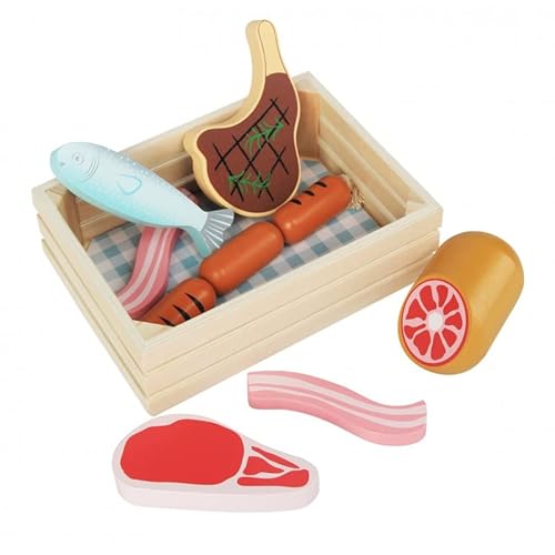 Kinderküche Zubehör Holz 12,5 x 17 x 5 cm - Kinderküche Spielküche Zubehör Kaufladen - Lebensmittel Spielzeug Mit Fleisch und Fisch - Kaufmannsladen Zubehör Holz