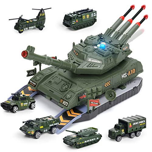 Panzer Spielzeug Sets, Militärtransportpanzer mit 6 Pcs Mini Metalllegierung Militärfahrzeug, Realistischem Soundlicht, Drehbarem Turm und Raketenwerfer, Panzerfahrzeug Spielset Kinder Geschenk