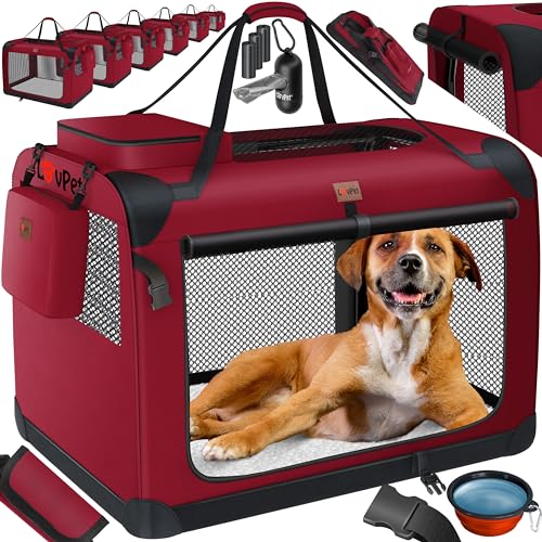 Lovpet® Transportbox Hund Katze Transporttasche M 60x42x42cm | Hunde-Tragetasche Faltbare Katzentasche | Haustier-Transportbox inkl. Hundenapf & Schultergurt | für Katzen & Hunde Bordeaux/Rot