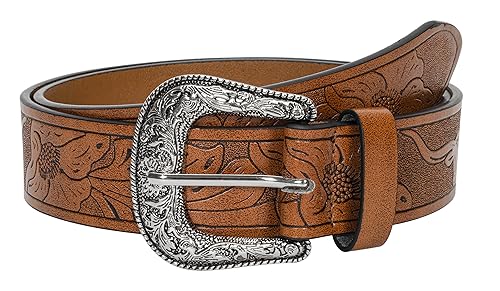 Eohak Western-Gürtel für Damen, Cowgirl, PU-Leder-Taillengürtel mit Vintage-Schnalle und Spitzen-Enden für Jeans, Hosen, Kleider, Braun geschnitzt (Fit Taille 32-39"), M