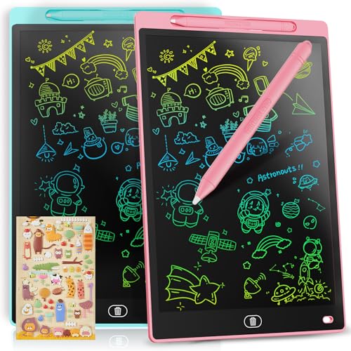 [2 STÜCKE] LCD Schreibtafel 12 Zoll, Genialba Buntes LCD Schreibtablett, LCD Writing Tablet, Elektronischer Tablette, Grafiktablett für Kinderspiele 2 3 4 5 6 7 Jahre Jungen Mädchen (Blau&Rosa)