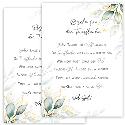 2x Tanzflächen Regeln für die Tanzfläche A4 stablie Poster 400 g/m² Dance Floor Rules Schild Feier Geburtstag Hochzeit Party Spaß Deko Hochzeitsdeko Grün Weiß Gold Blätter Vintage 30 40 50 60 70 80 90