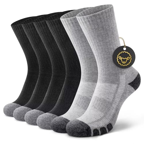 YouShow 3 Paar Merino Wandersocken Herren Damen Gepolstert Anti-Blasen Outdoor Trekking Socken Thermo Sportsocken 50% Wolle Schwarz Grau 39-42