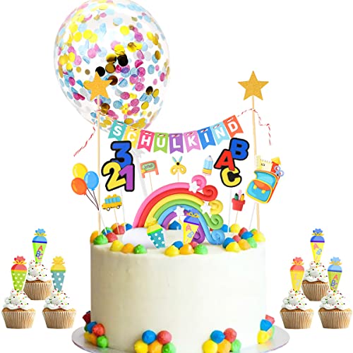 iZoeL Tortendeko Einschulung Schulkind Girlande Schulanfang Kuchendeko Zuckertüte Kuchen Deko ABC 123 Ballon Tortenaufsätze Torten Cupcake Muffin Topper für Junge Mädchen (Bunt Schulkind)