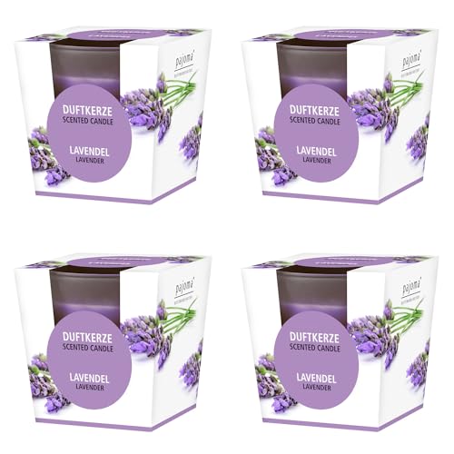 pajoma® Duftkerze 4er Set, Lavendel - im satinierten Glas | 4x 120g Wachsgewicht, Brenndauer: 25 Stunden, in edler Geschenkverpackung | Premium Qualität