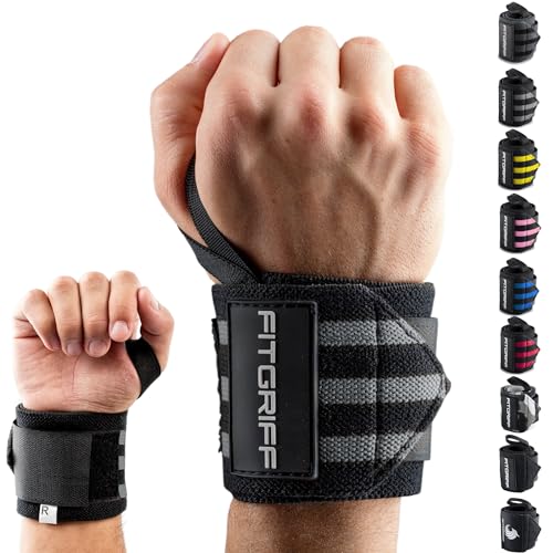 Fitgriff® Handgelenk Bandagen [Wrist Wraps] 45cm Handgelenkbandage für Fitness, Handgelenkstütze, Bodybuilding, Kraftsport & Crossfit (Schwarz/Grau)